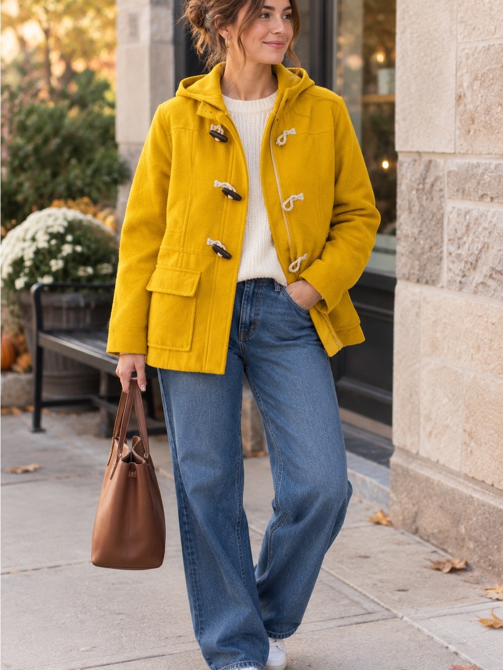 Old Navy Yellow Mustard Hooded Toggle Jacket Size L Duffle Utility Colorful Cozy